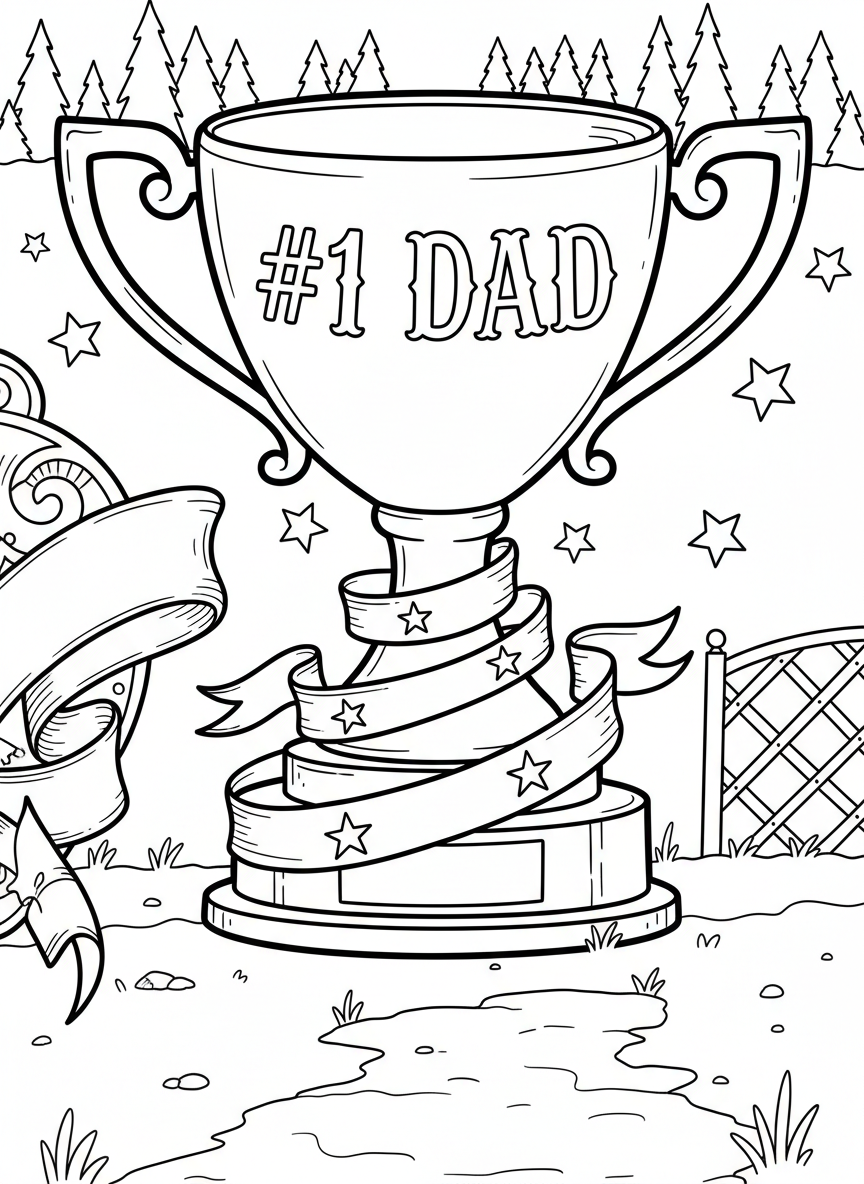 A trophy cup with '#1 DAD' engraved on it, sitting on a pedestal with ribbons and stars around it