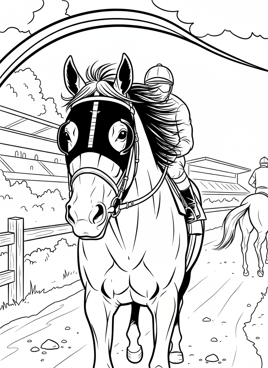 A close-up of a horse's head wearing racing bridle and blinkers, with an alert and spirited expression.