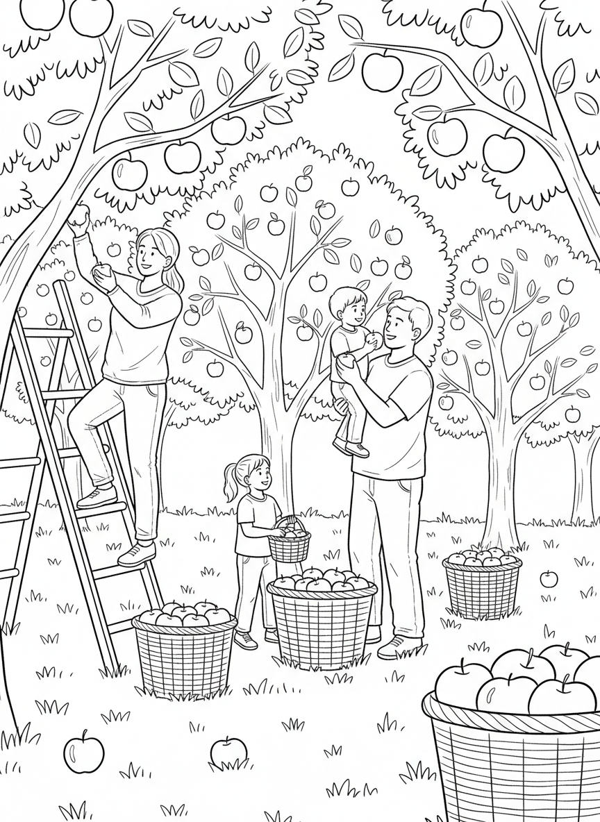 A family picking apples together in an orchard, with ladders, baskets full of apples, and fruit trees all around.
