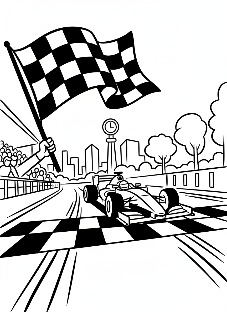 A Formula One race car crossing the finish line with a checkered flag waving above, celebrating the end of the race.