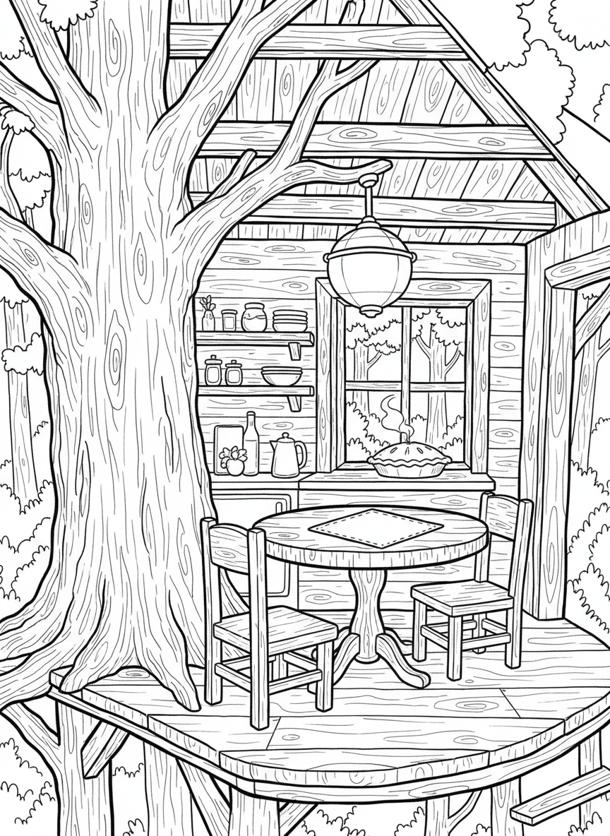 Wide view of a treehouse kitchen built around a large tree trunk, with a table, chairs, and a pie cooling on the windowsill.