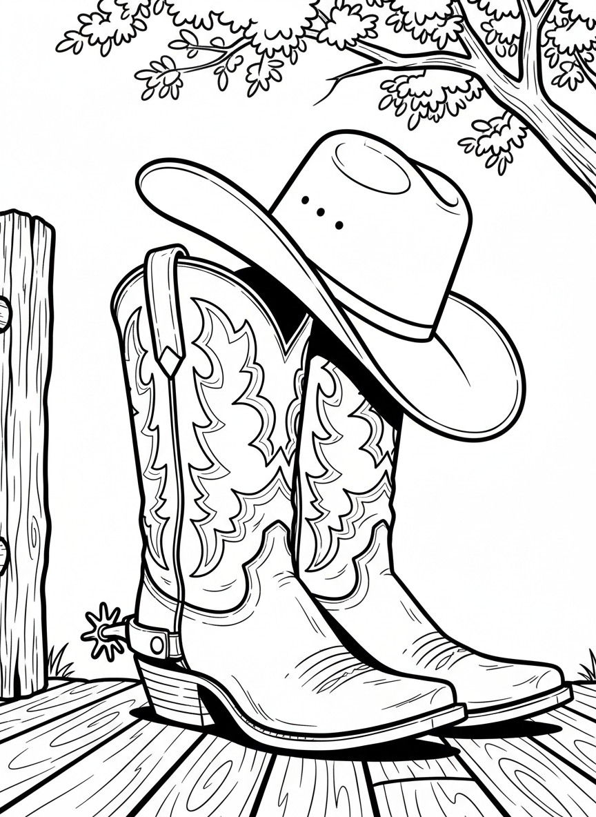A close-up of cowboy boots with decorative stitching, spurs, and a cowboy hat resting on top of them.