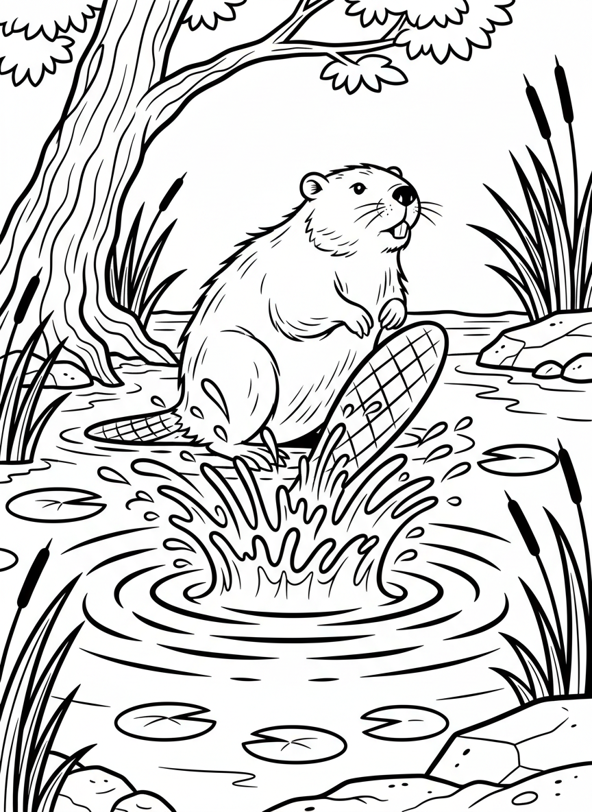 A beaver slapping its tail on the water surface creating splash ripples, alert pose, pond environment
