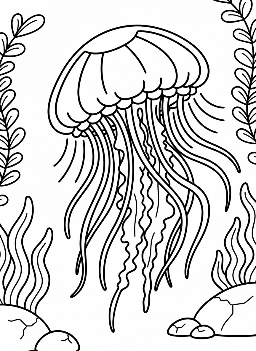 A simple scene of a glowing jellyfish swimming past underwater plants and rocks, with light radiating from its bell in wavy lines.