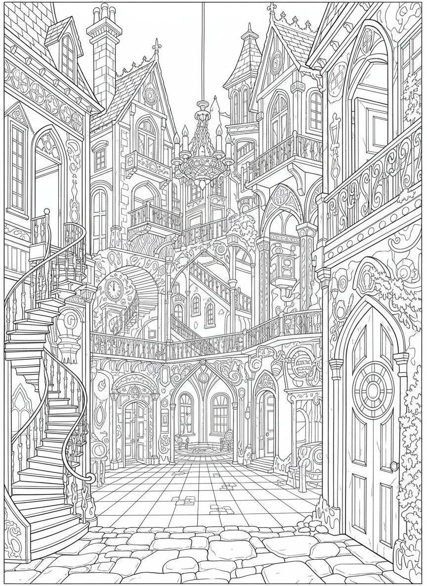 A detailed maze of hallways and unusual architectural features inside a mysterious Victorian house, challenging coloring page for older kids