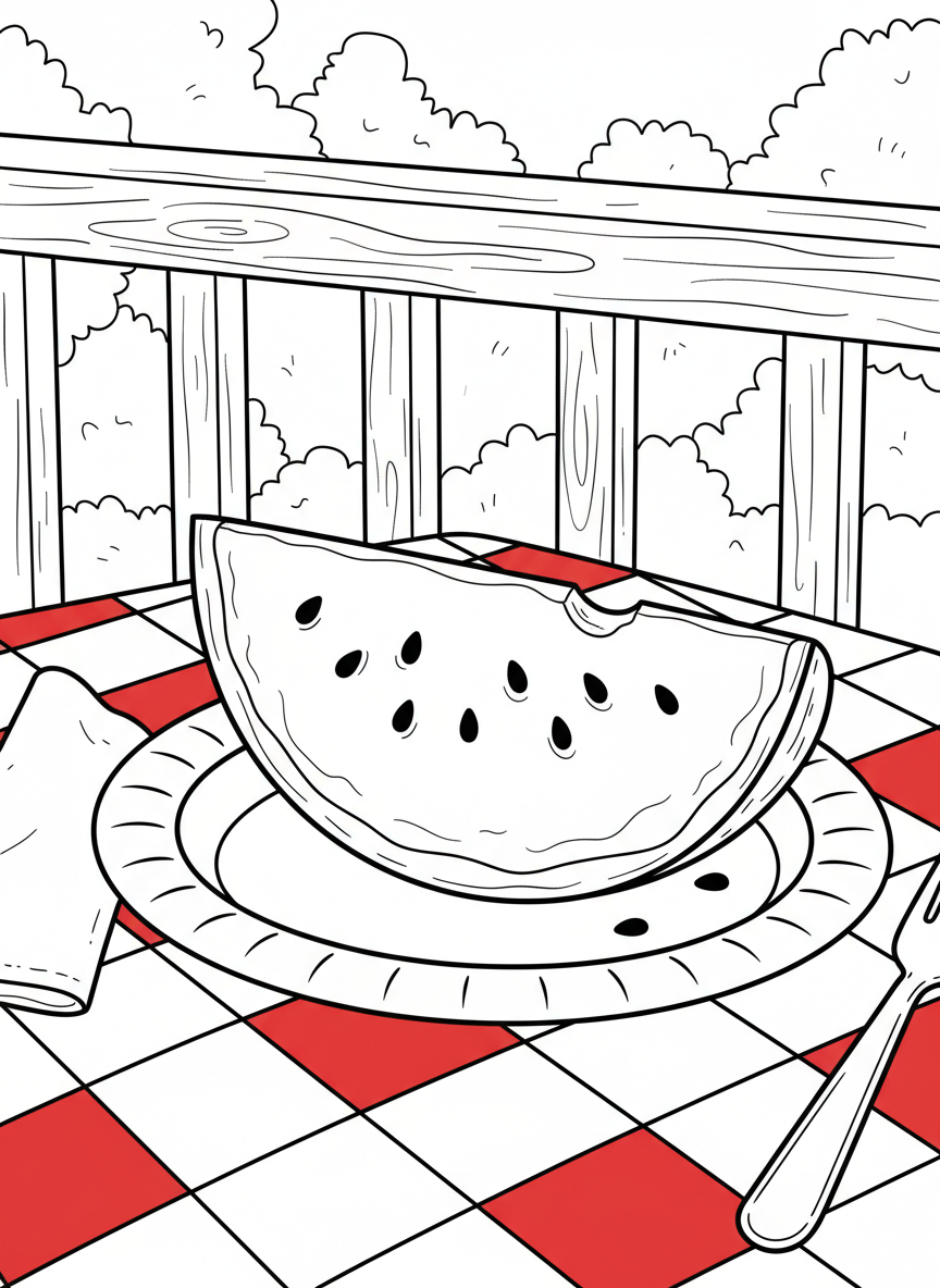 A close-up of a slice of watermelon on a paper plate with seeds, sitting on a red and white checkered tablecloth.