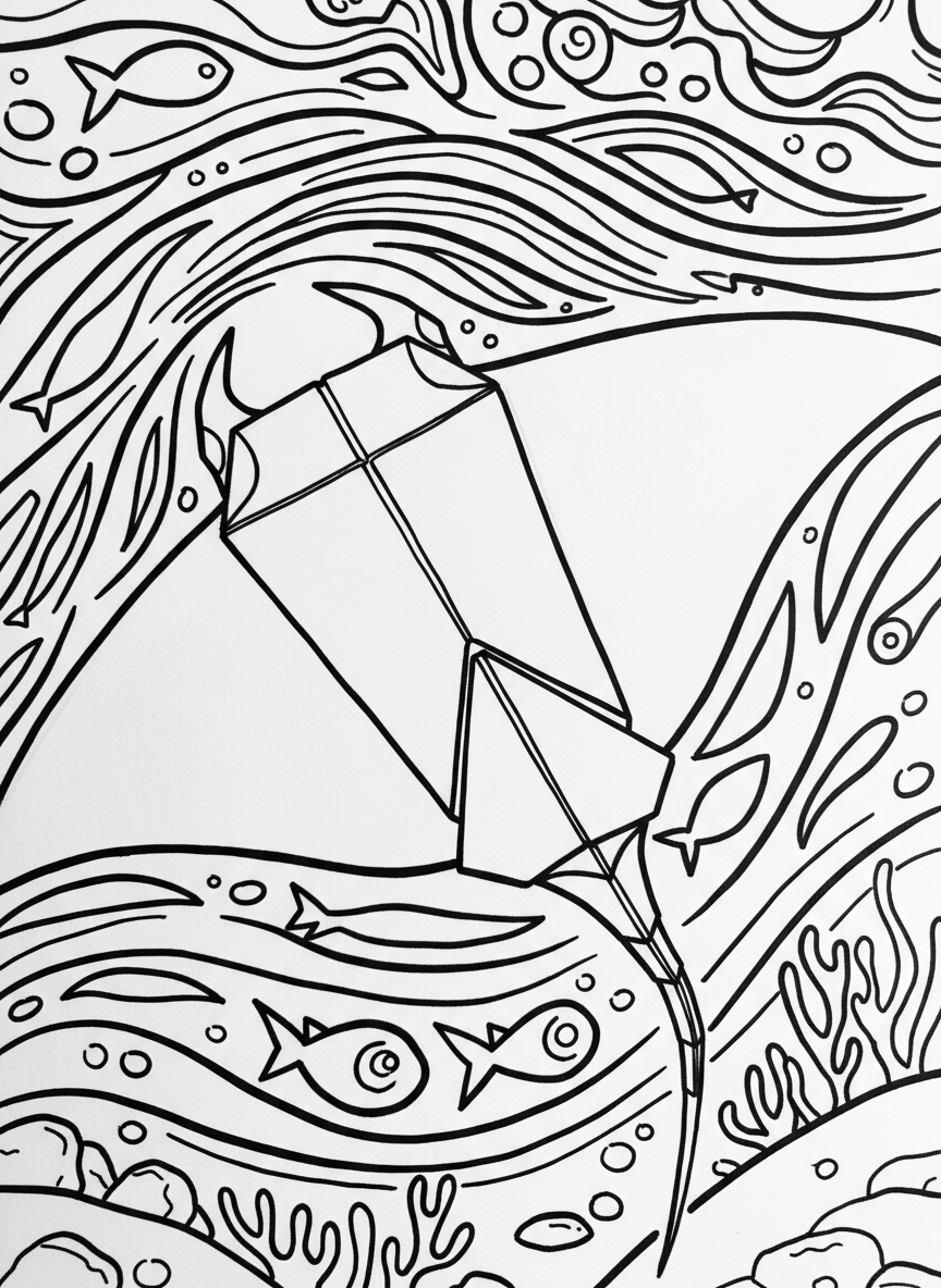 An origami manta ray with wide triangular wings spread out, showing symmetrical fold patterns and long thin tail