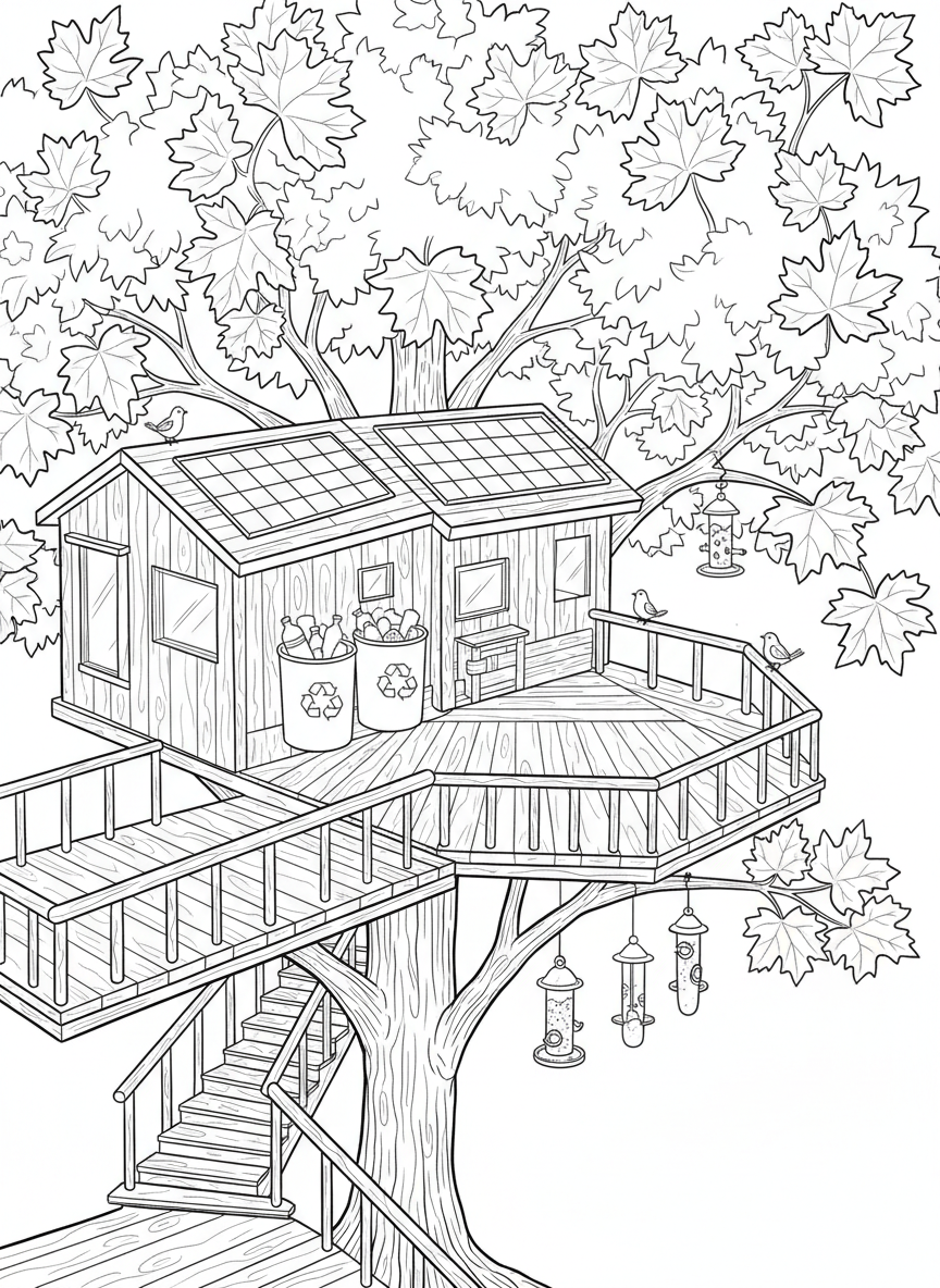 A modern eco-friendly treehouse with solar panels, recycling bins, and bird feeders, showing sustainable living in a maple tree canopy.