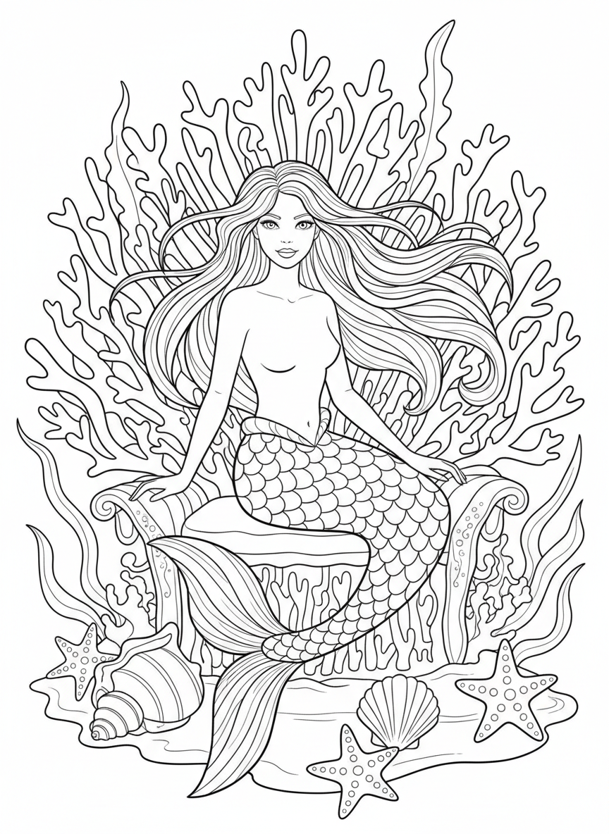A graceful mermaid sitting on a decorative coral throne, surrounded by elegant seashells and starfish, with flowing hair and a detailed scaled tail, line art coloring page