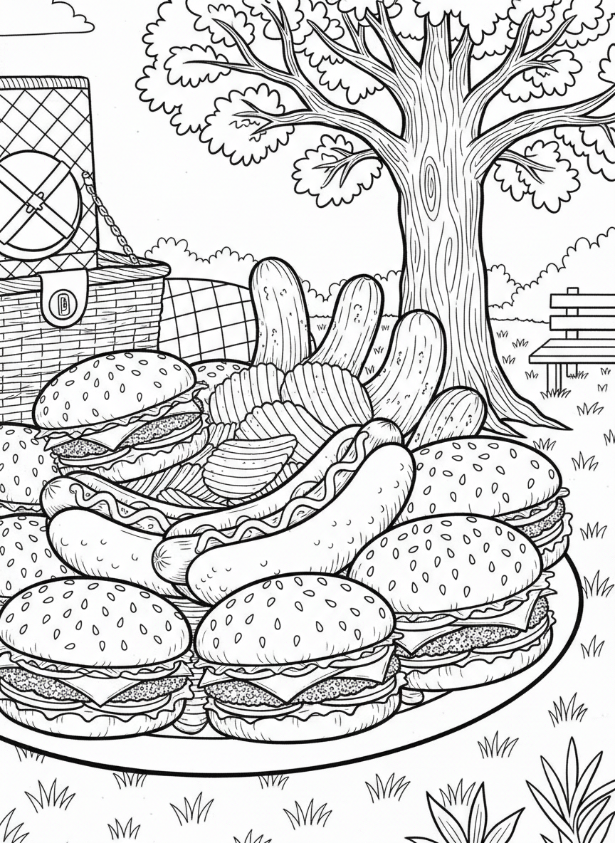 Close-up of a plate piled high with hamburgers, hot dogs, potato chips, and pickle spears ready to eat.