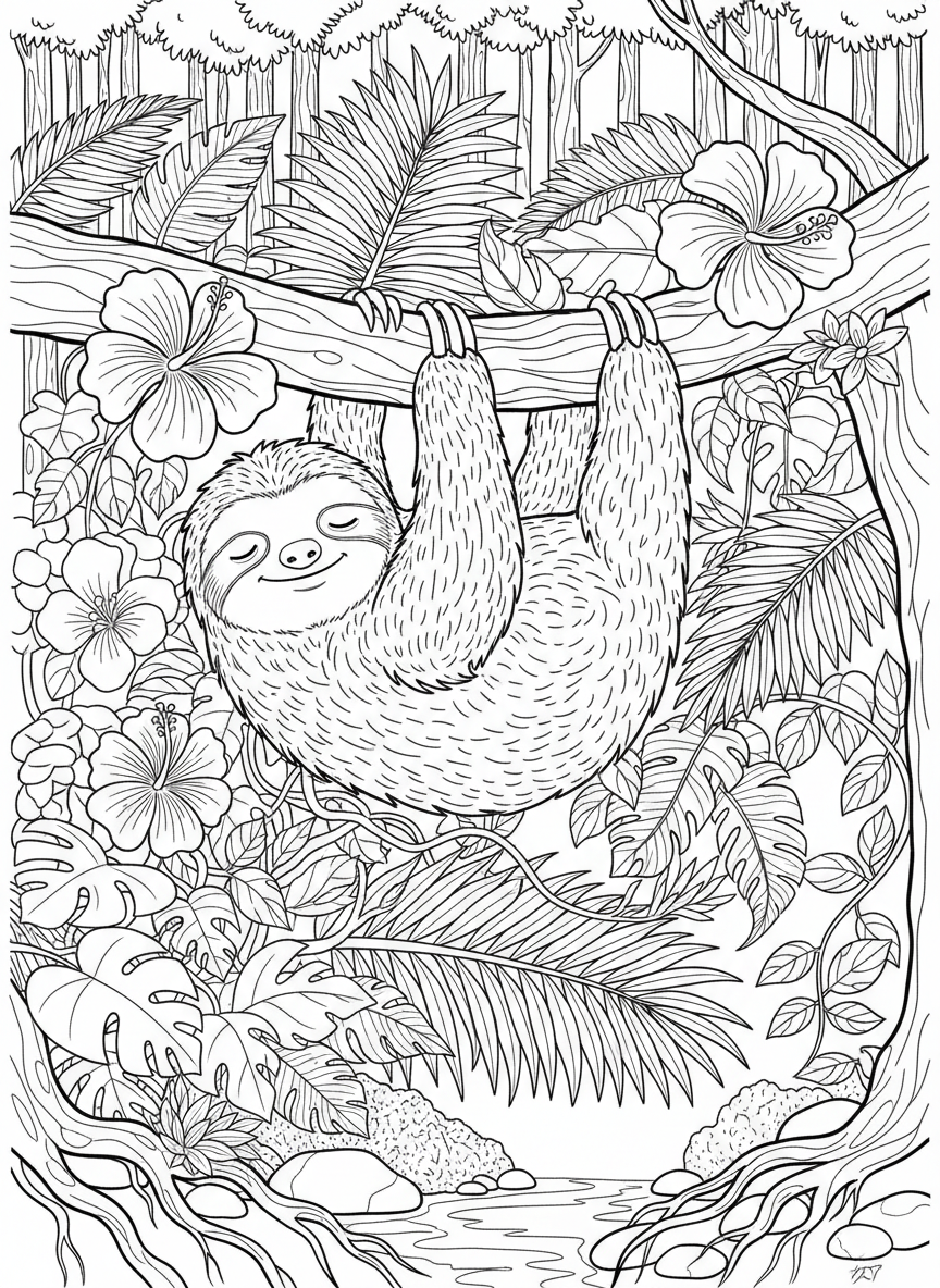 A sloth hanging upside down from a tree branch with tropical flowers and vines