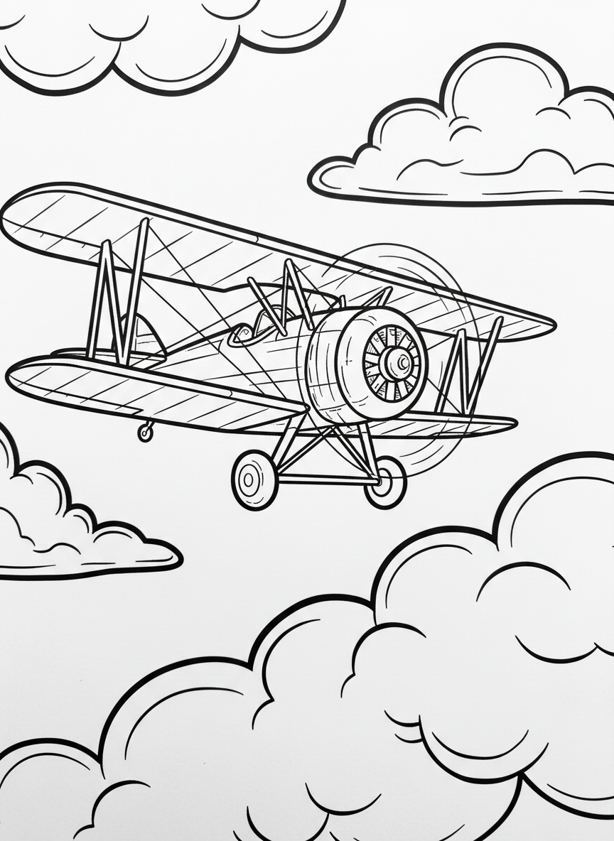 A charming vintage-style biplane with fabric wings and propeller, flying through puffy clouds, artisan craft aesthetic, coloring page outline