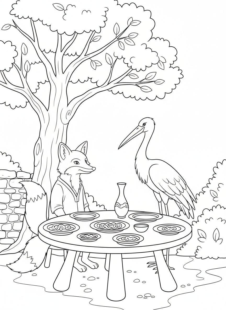 A clever fox and a stork having dinner together at a table with different shaped dishes, fable scene coloring page