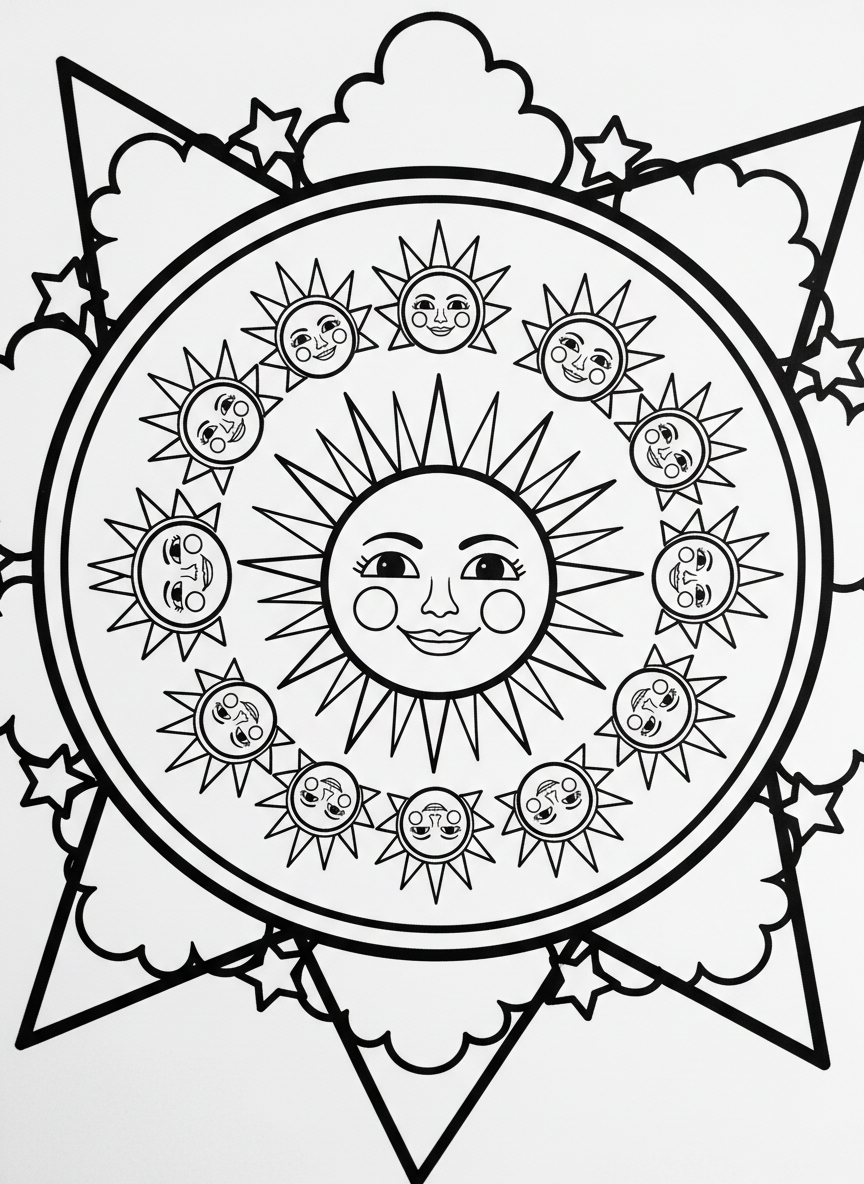 An easy mandala with big smiling suns arranged around a central circle, each with simple triangular rays