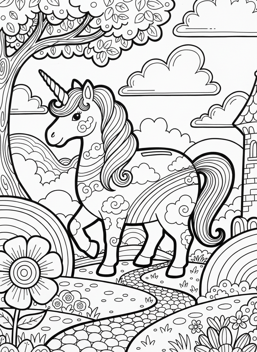 A ceramic unicorn piggy bank with coin slot on top, decorated with rainbow stripes and cloud shapes