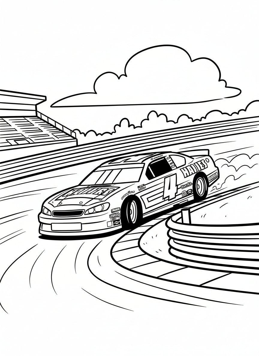 A NASCAR-style stock car covered in sponsor decals and racing stripes, tilted in a dramatic turn on an oval track