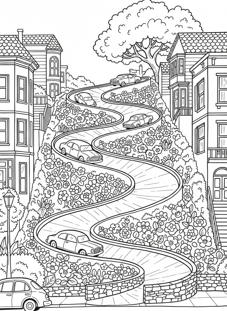 Lombard Street's famous crooked section with flowers, curves, and cars winding down the hill, fun zigzag pattern to color.