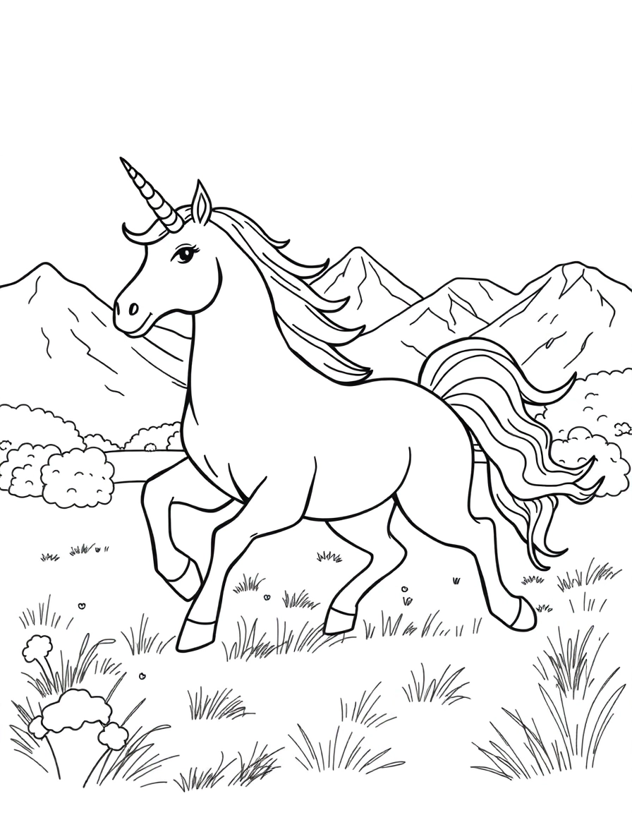 a majestic unicorn galloping through the field with lush mountains and shrubs
