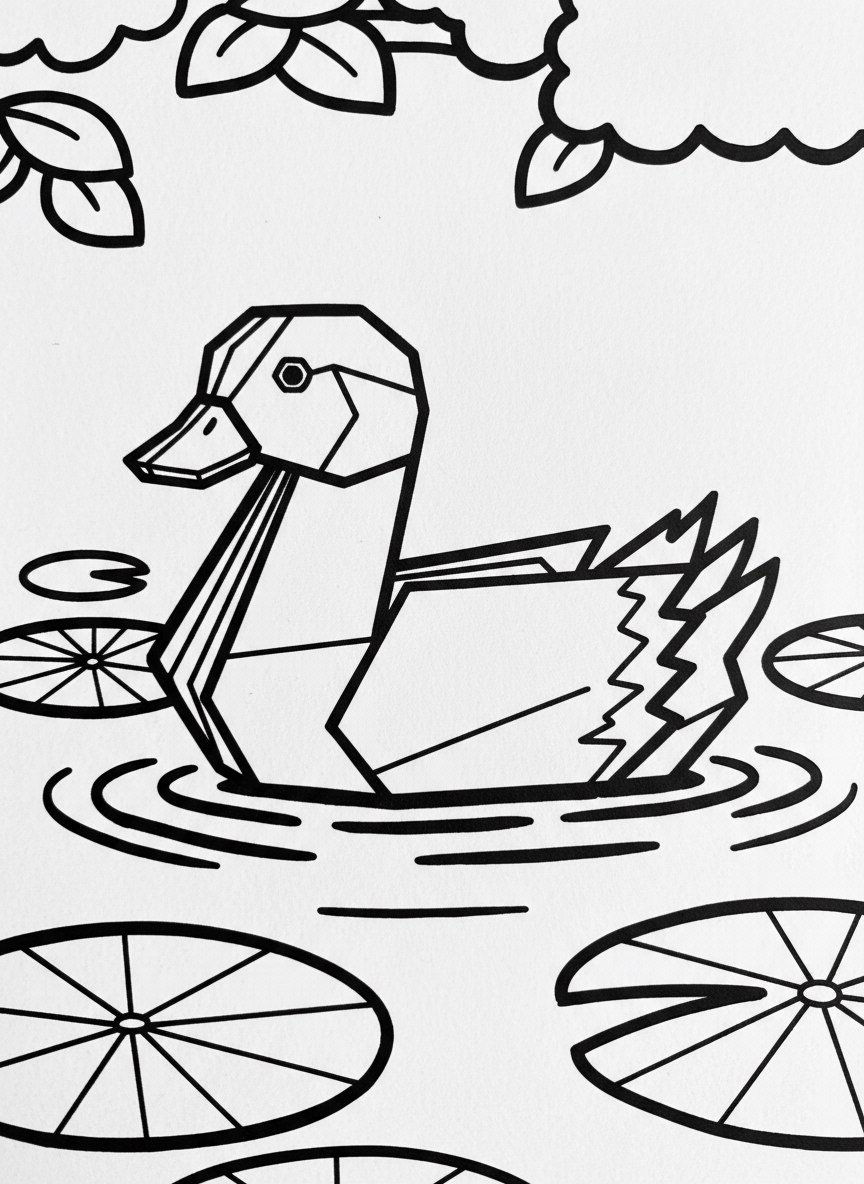 An origami duck floating on water with zigzag folded wings and a geometric beak, surrounded by circular lily pads