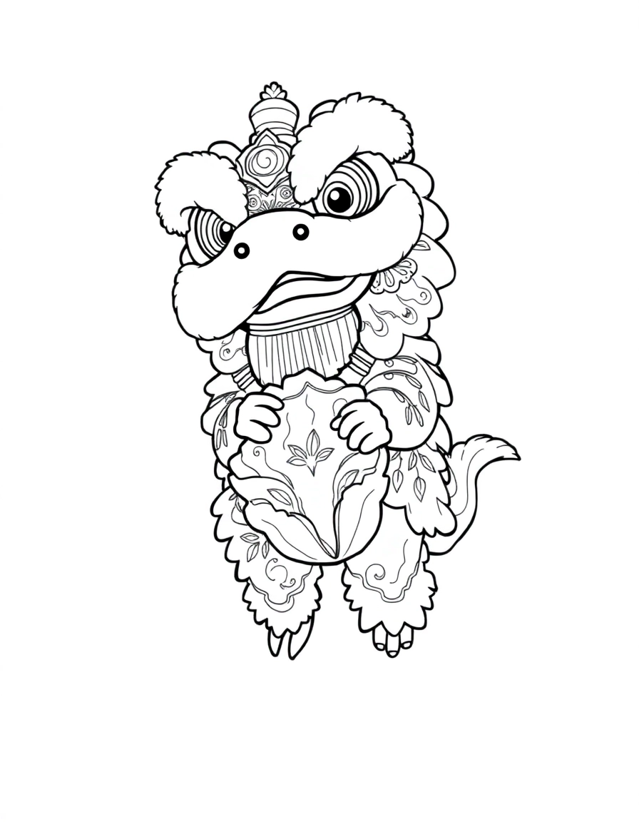 Lion Dance: A playful "Lion Dance" costume character (with the big head and fur) jumping for a head of lettuce.