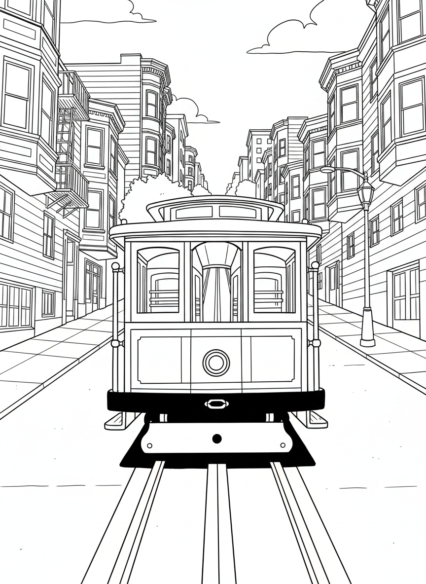 A cable car viewed from the front going up a steep San Francisco street with buildings on both sides, easy-to-color line drawing.