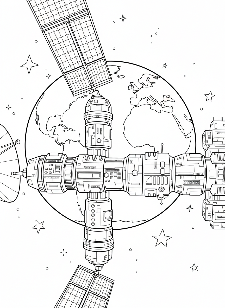 A detailed space station with solar panels, modules, and windows floating above Earth with stars surrounding it