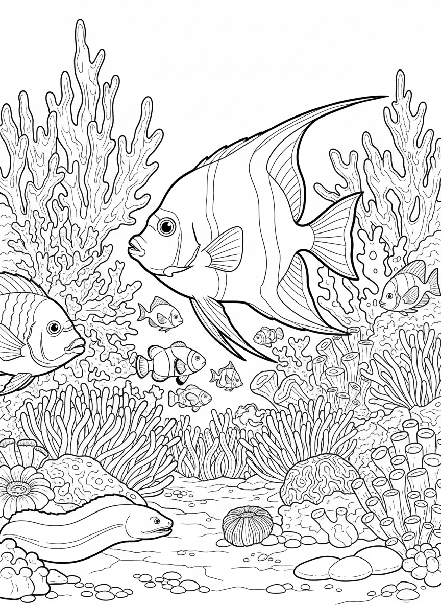 An underwater coral reef scene with various tropical fish swimming among branching corals and sea anemones