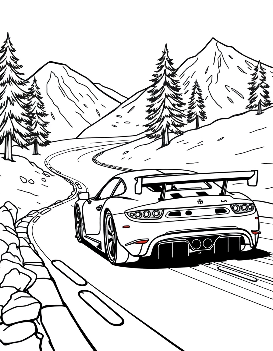 A race car speeding on a winding mountain road, with pine trees and snow-capped peaks in the background