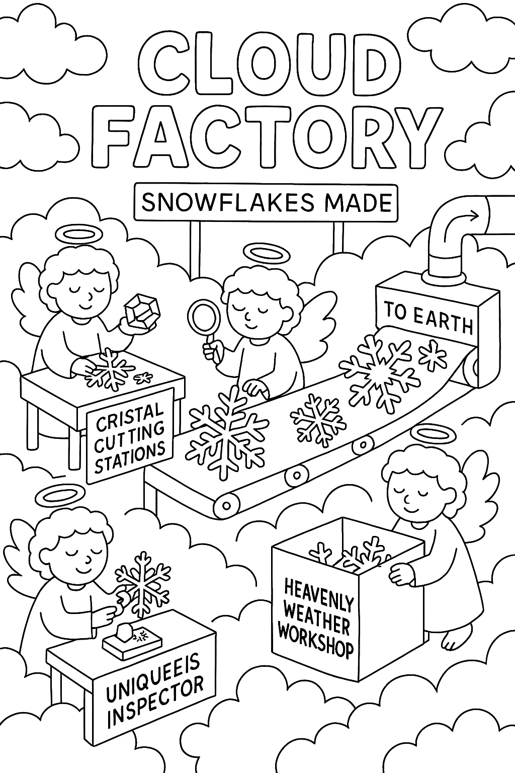 Cloud factory where snowflakes are made, angel workers, crystal cutting stations, uniqueness inspector, shipping to Earth, thick outlines, heavenly weather workshop