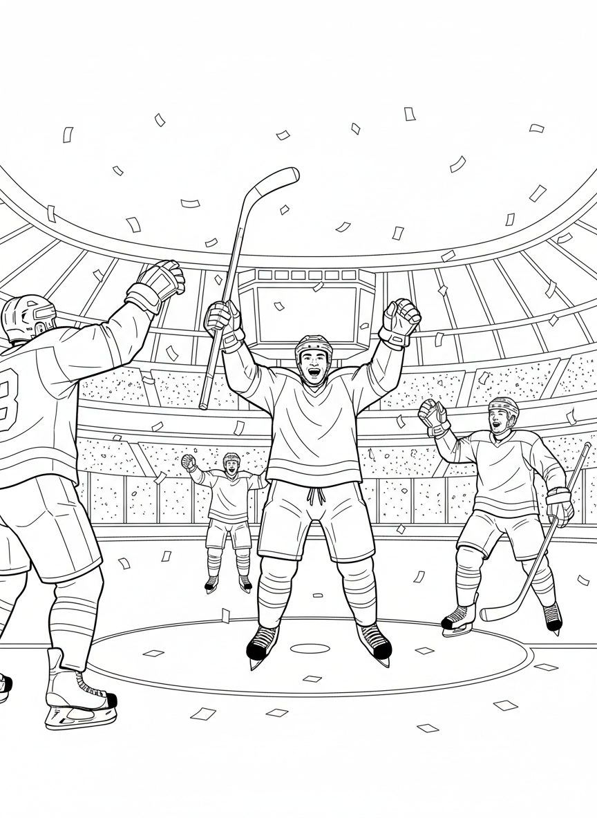 A hockey player celebrating with arms raised high, holding a hockey stick, with confetti falling all around and teammates approaching.