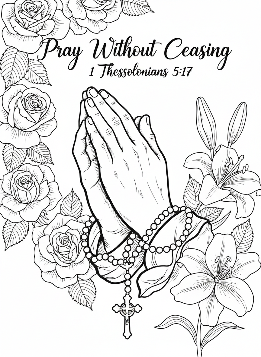 Praying hands with a rosary wrapped around them, surrounded by roses and lilies, with 'Pray Without Ceasing 1 Thessalonians 5:17' written in elegant script