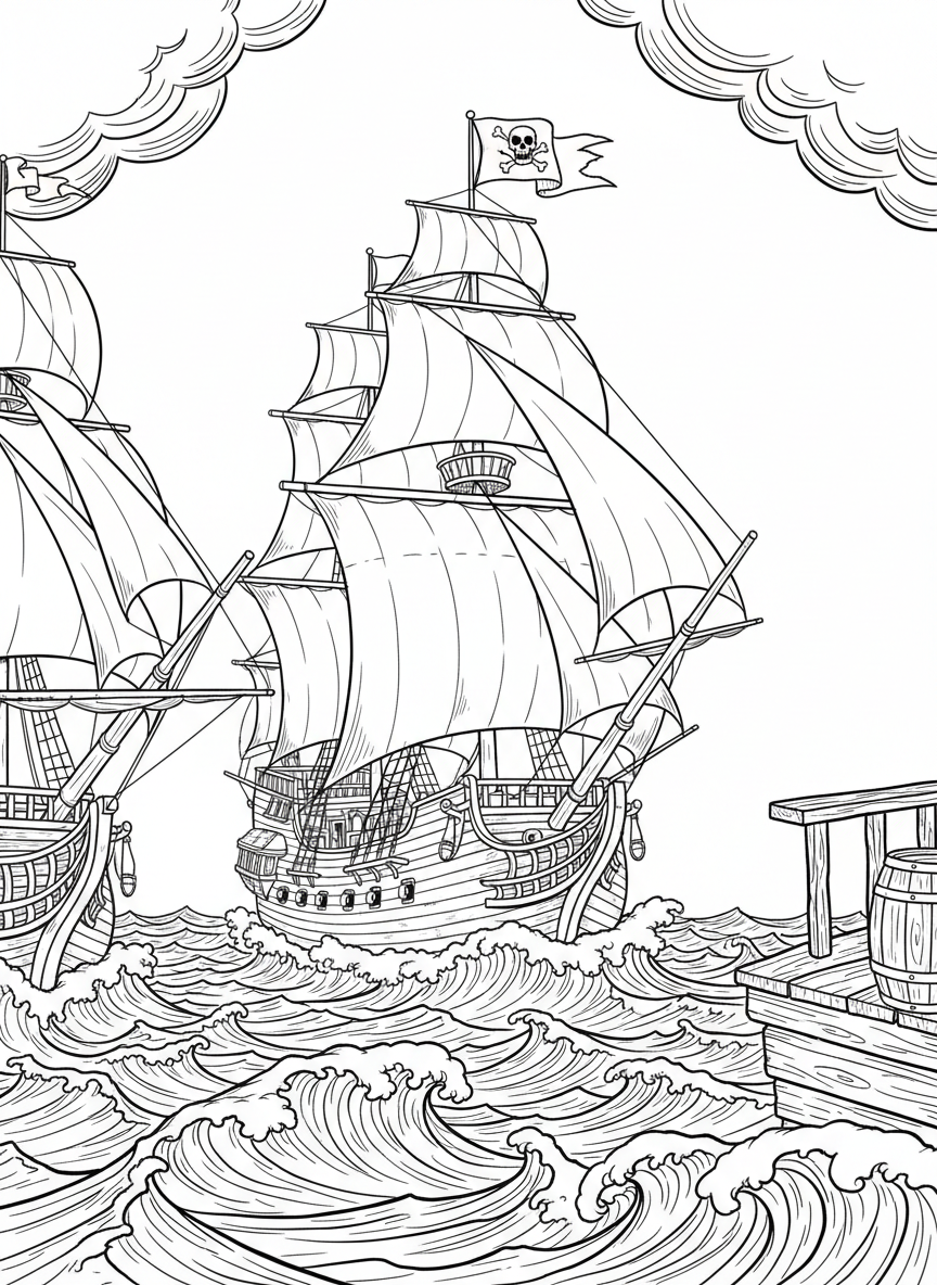 A large pirate ship with billowing sails sailing across ocean waves, showing the deck, masts, and a jolly roger flag waving in the wind