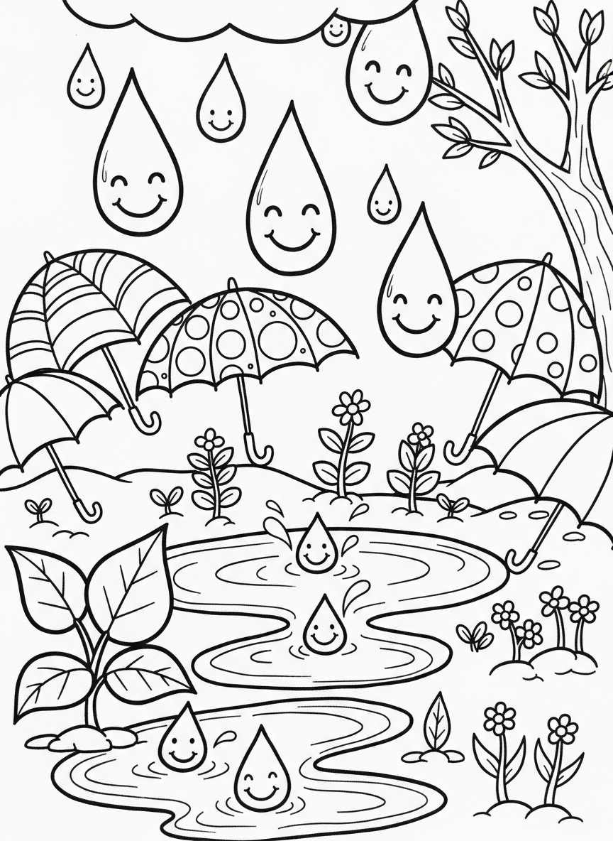 A spring rain shower with smiling raindrops falling on umbrellas, puddles, and sprouting plants.