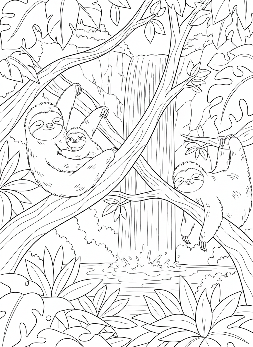 A sloth family of three on different branches of the same tree, with a waterfall visible in the distant background