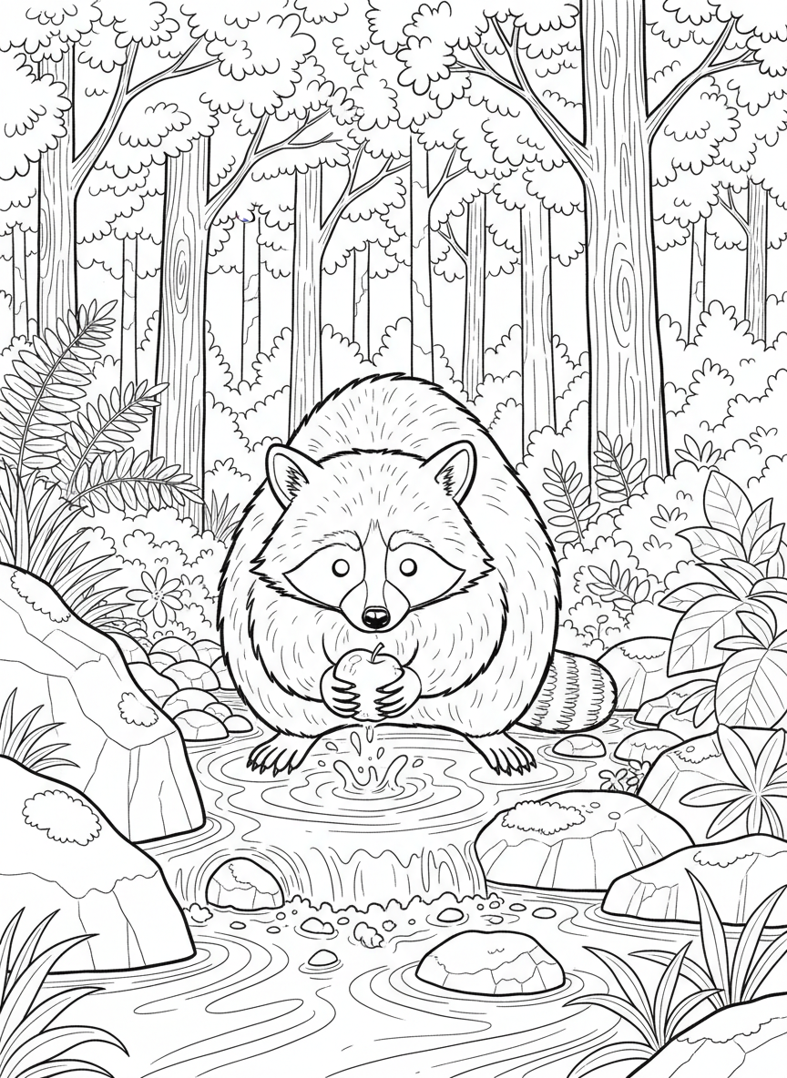 A raccoon washing food by a stream with rocks, trees, and forest plants in the background.