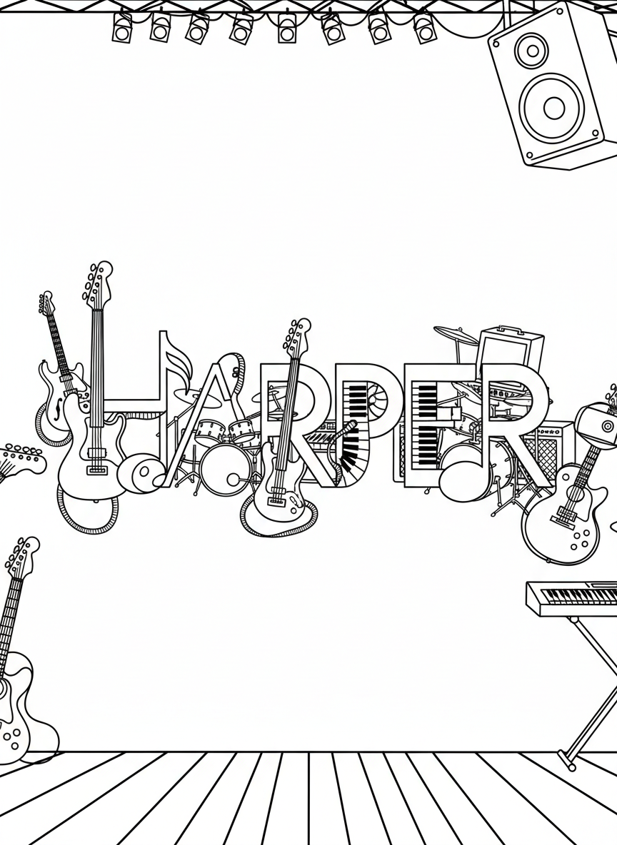 The name HARPER in musical note-shaped letters with instruments like guitars and drums around them, simple outline