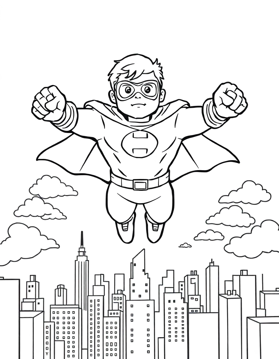A superhero flying toward the viewer with fists outstretched, clouds and city skyline beneath