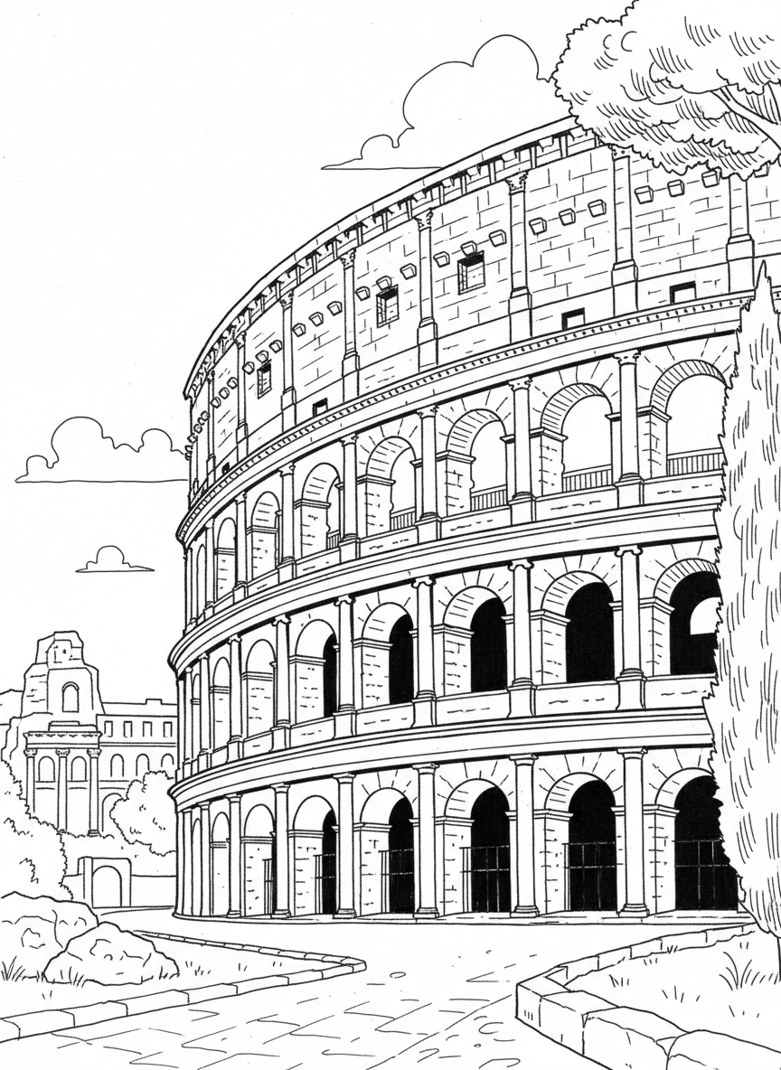 The Colosseum in Rome with its arched openings and ancient stone structure, showing part of the circular amphitheater.