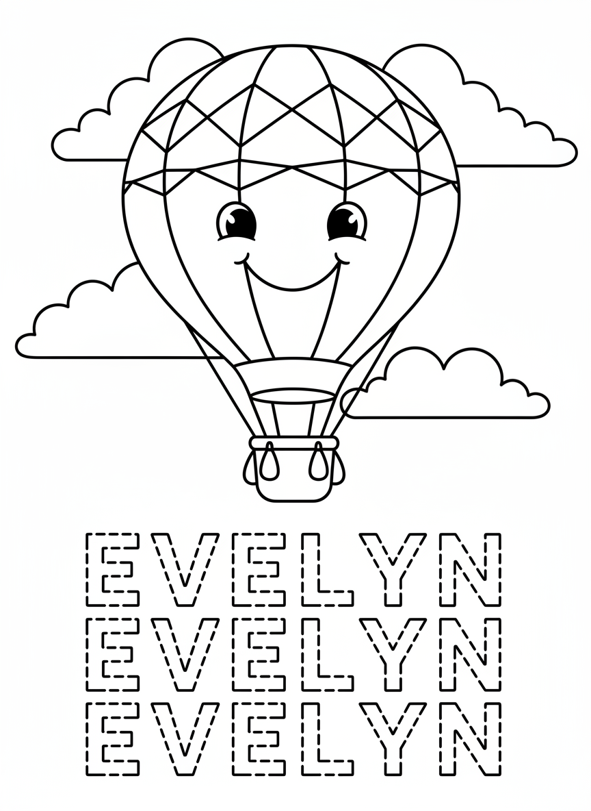A smiling hot air balloon floating in clouds, three practice rows below showing 'EVELYN' in dashed outline letters, clean design