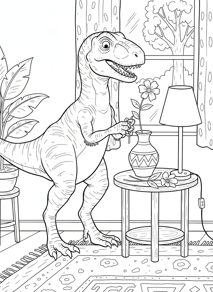 A Velociraptor arranging flowers in a decorative vase on a side table with a table lamp, gentle and friendly style.