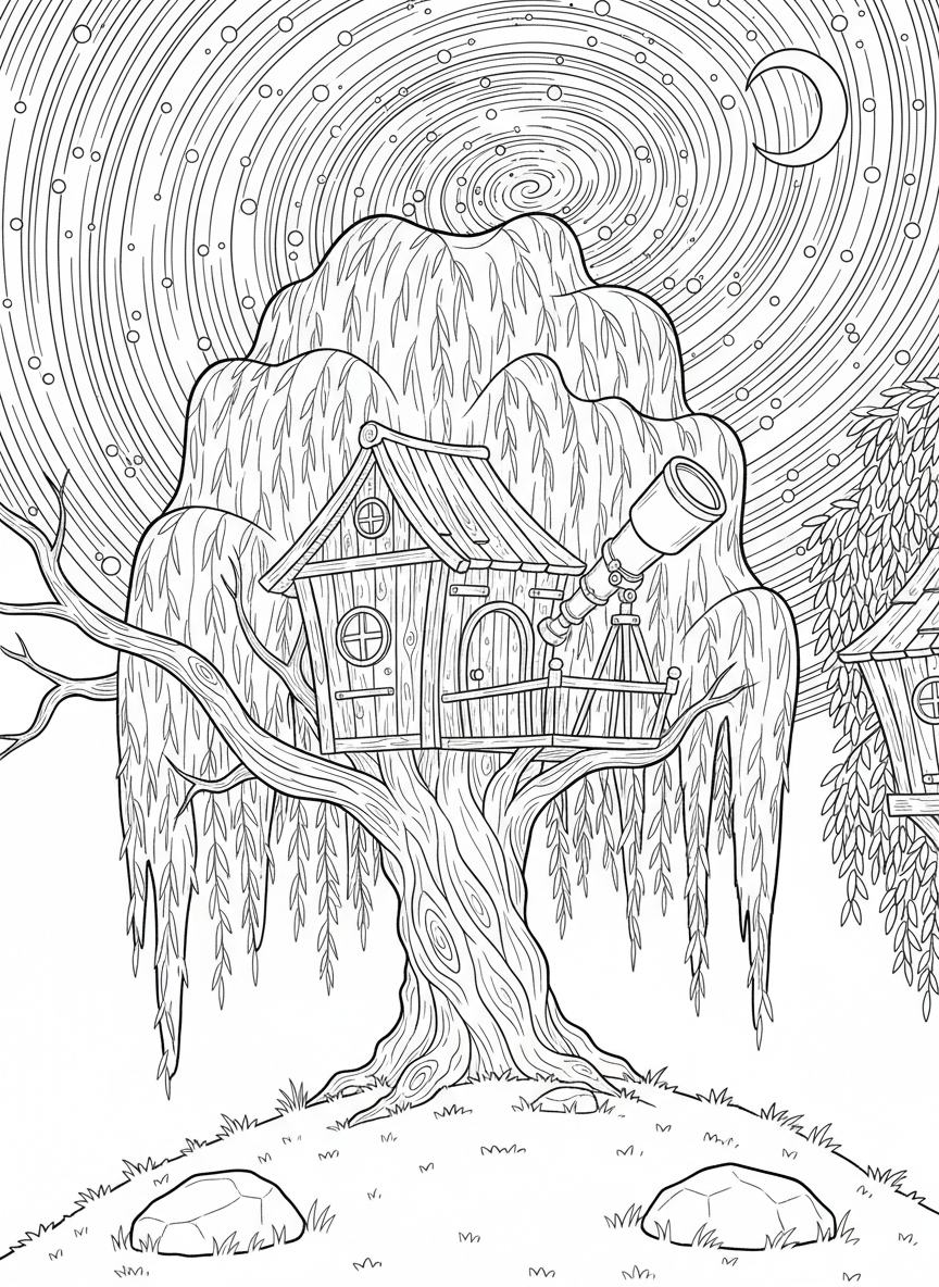 A treehouse nestled in a willow tree with a telescope pointing toward a sky filled with the Milky Way and twinkling stars.