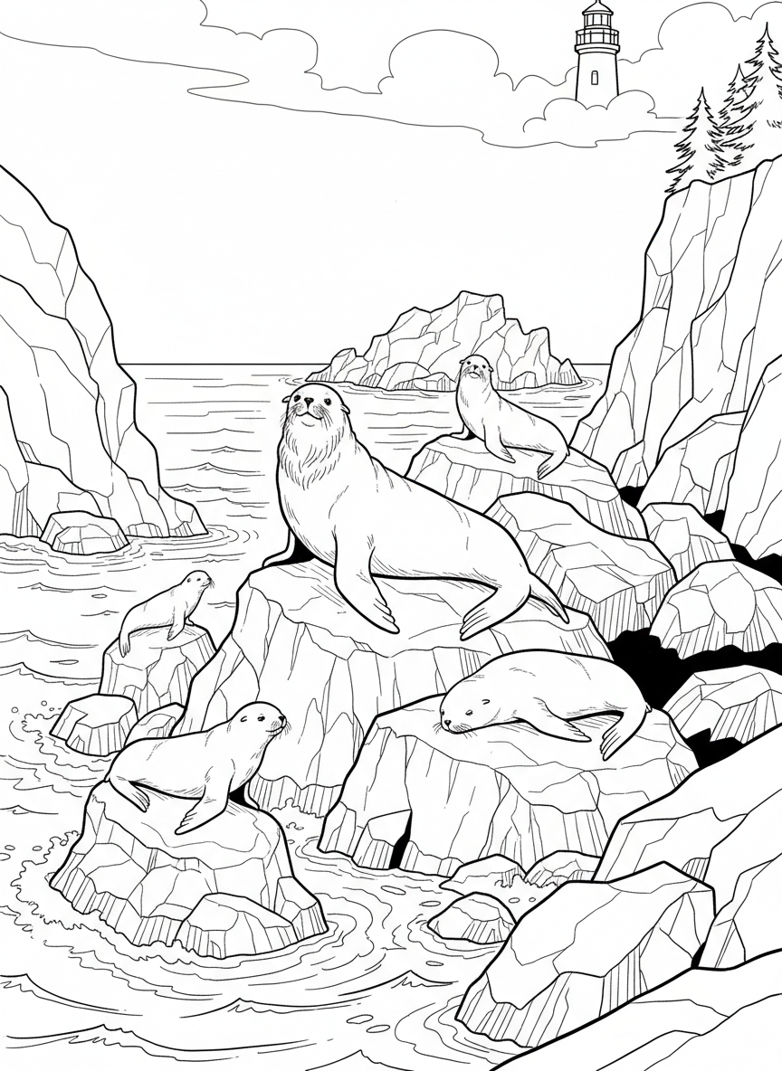 A sea lion colony with five individuals of different sizes lounging on various rocks, busy coastal scene.