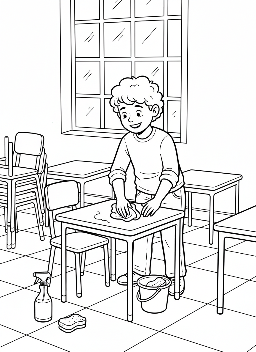 A smiling student wiping down a small table with a cloth, cleaning supplies visible, classroom chairs in background