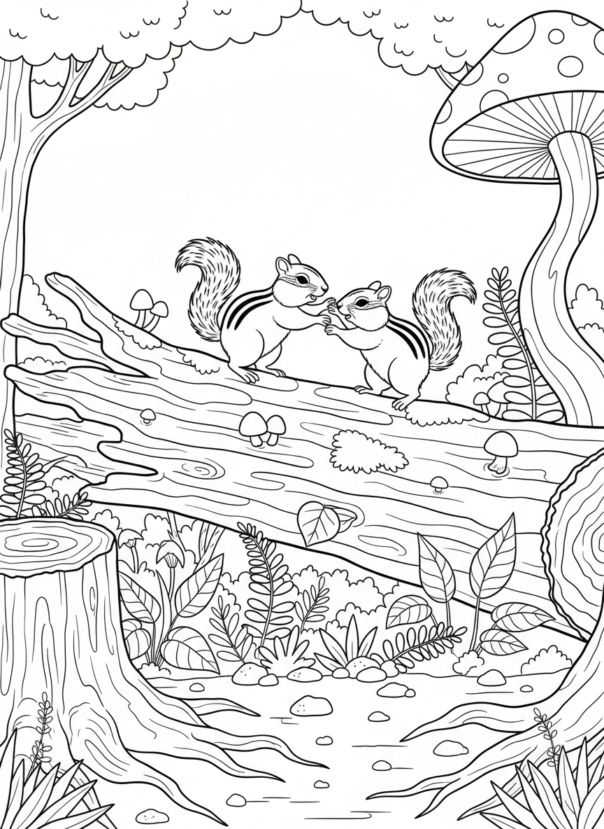 Two chipmunks playing on a fallen log with woodland plants, medium difficulty coloring page