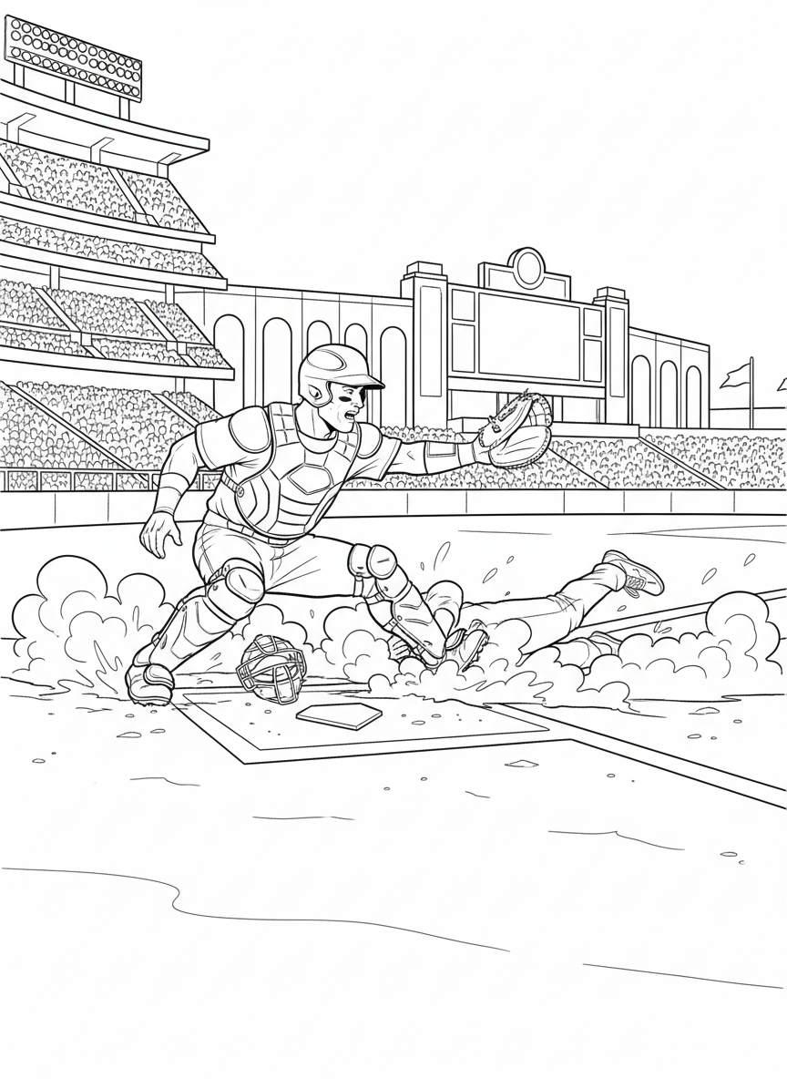 MLB All Star Game coloring page prompts highlighting summer baseball, star players, iconic ballparks, and celebratory league traditions.	A close play at home plate with the catcher bracing for the tag, dust rising as the runner slides during a dramatic All Star moment.