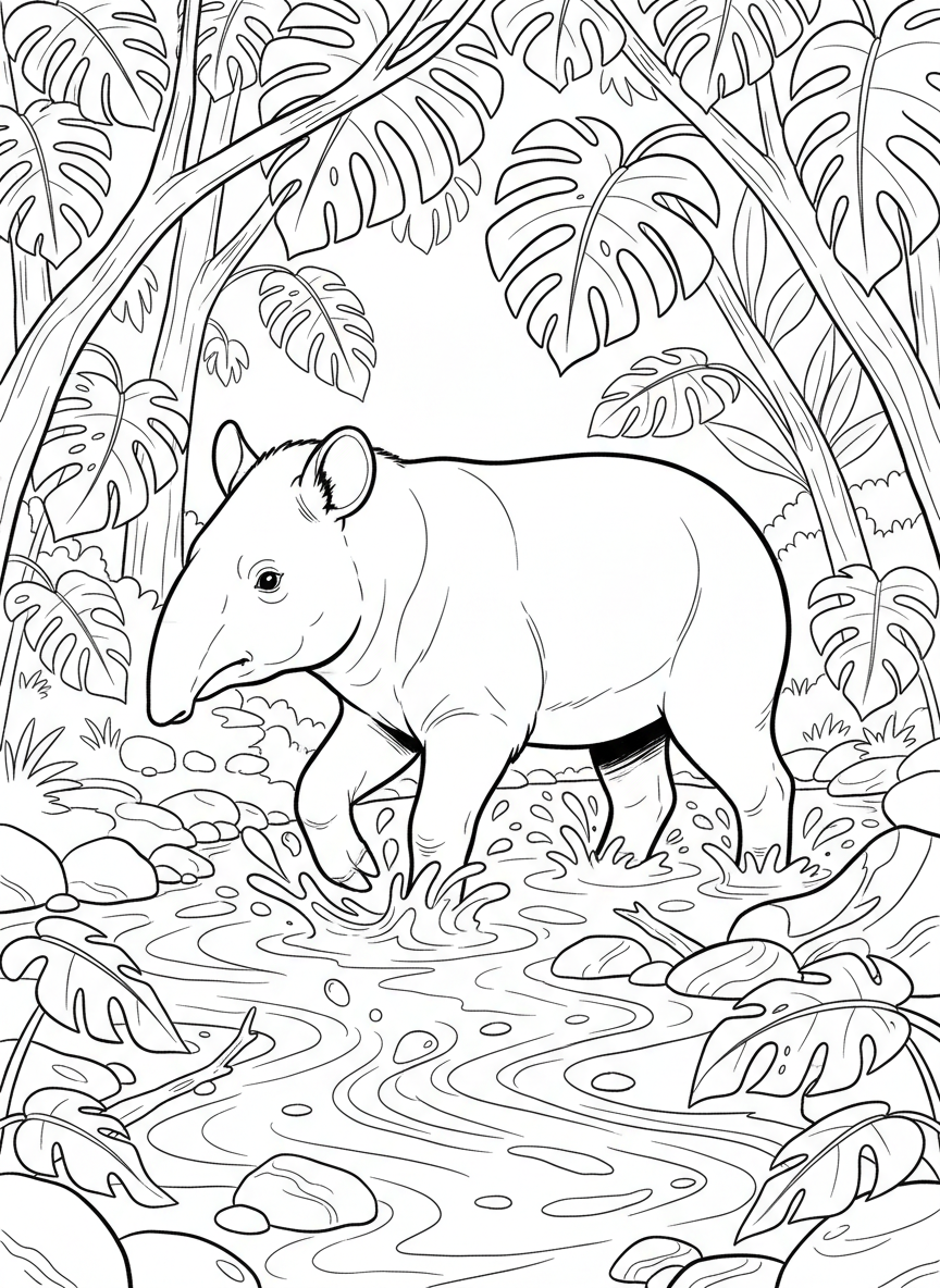 A tapir walking through a rainforest stream, with its distinctive snout, stocky body, and water splashing around its feet.