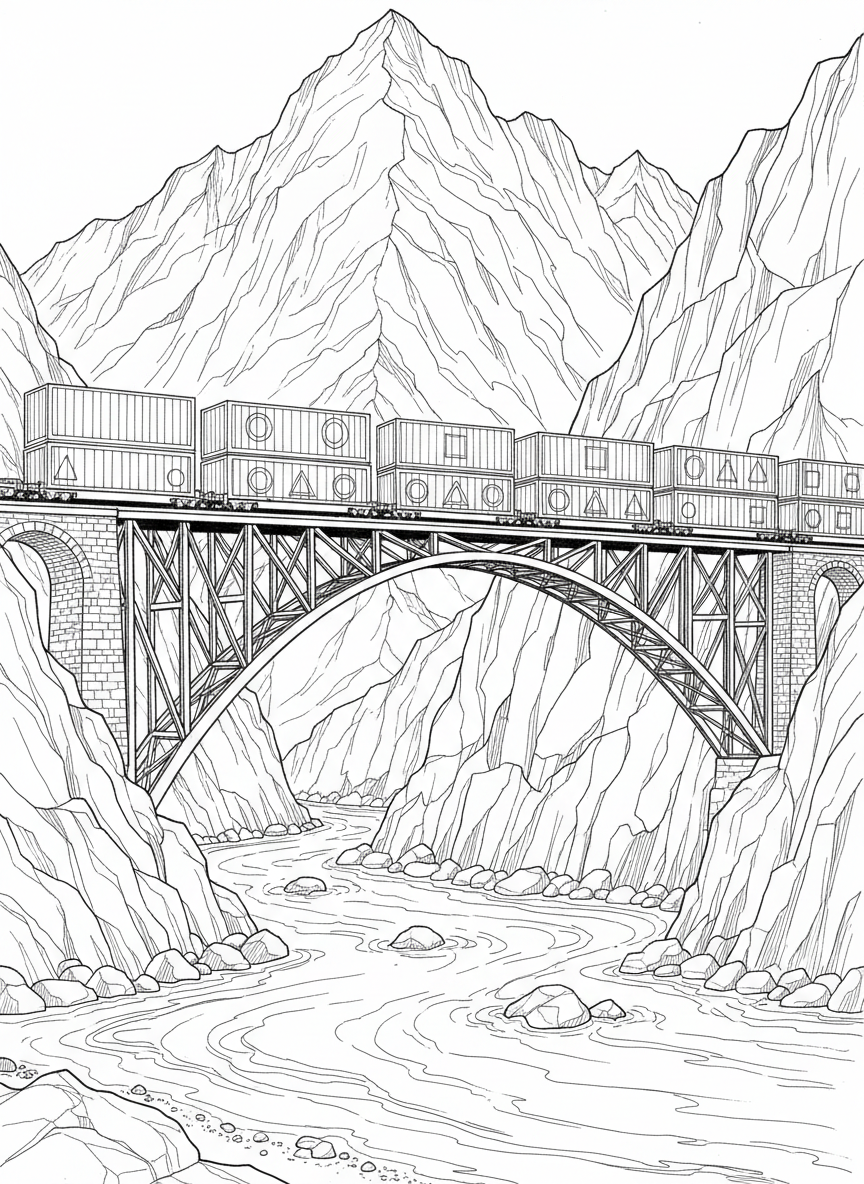 A freight train carrying colorful cargo containers across a long bridge above a river surrounded by mountains.