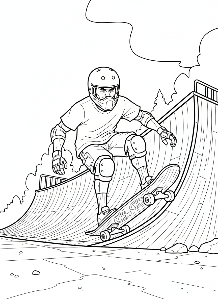 A skateboarder at the top of a half-pipe preparing to drop in, determined expression, safety equipment clearly shown.