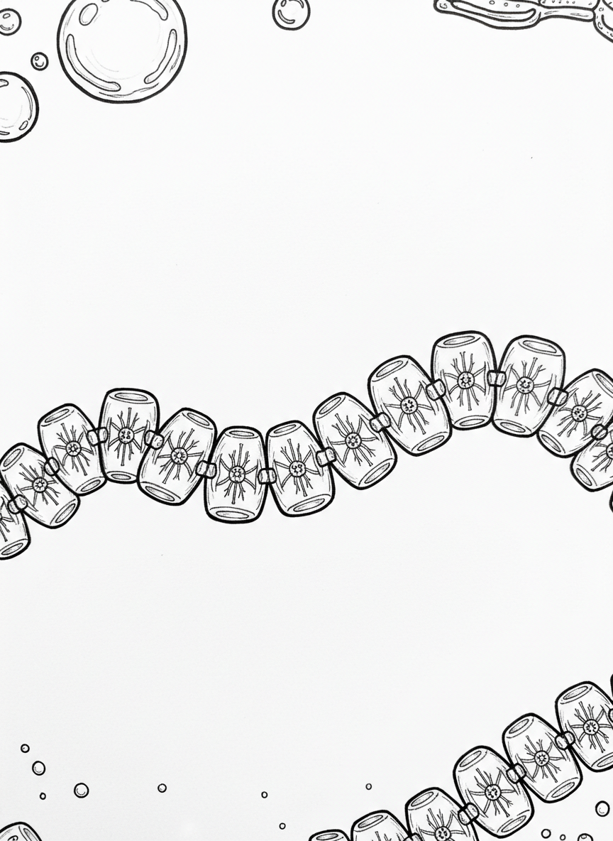 A cluster of salps linked together in a chain formation, each transparent barrel-shaped creature clearly outlined, drifting through the water column.