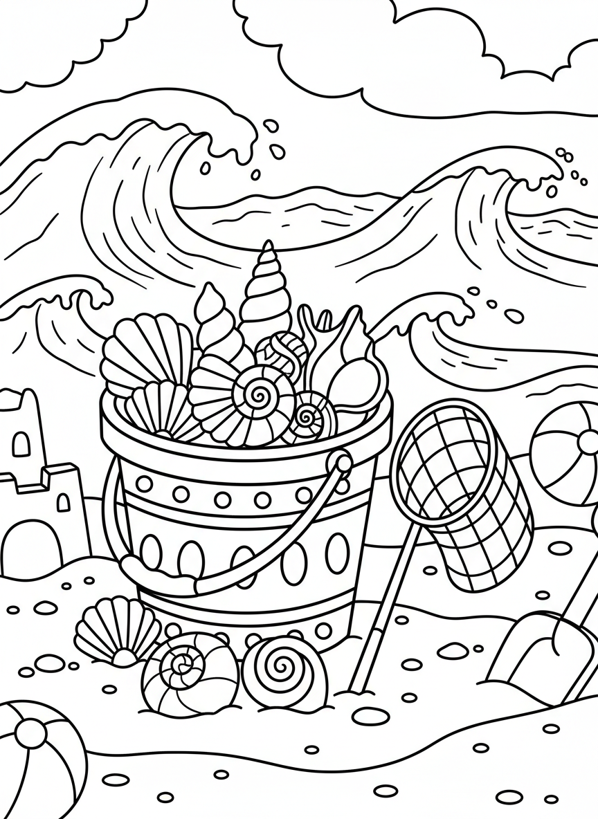 A colorful beach bucket filled with seashells and a small net resting beside it on sandy shore, simple line art for young children